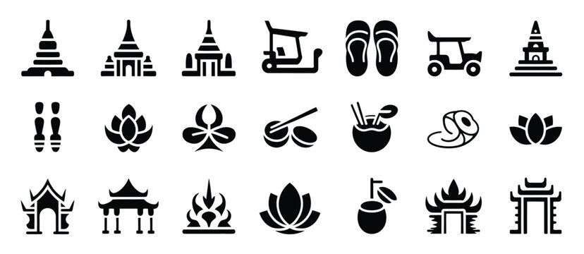 Collection of thai cultural icons and symbols in black silhouette