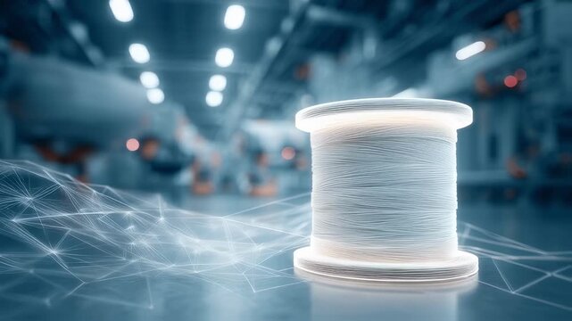 Glowing fiber optic cable spool symbolizes innovation in a modern factory, emphasizing the integration of network technology and advanced manufacturing for high speed data transmission