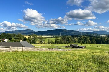 Agricultural landscape with field and wooden farmhouse