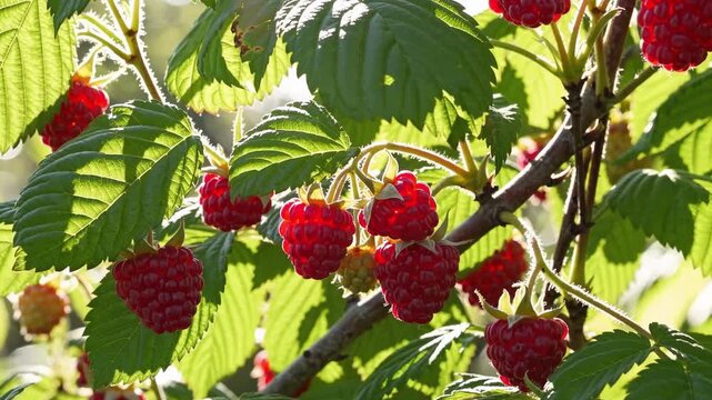 A close up shows ripe raspberries hanging on a branch surrounded by green leaves in the sunlight