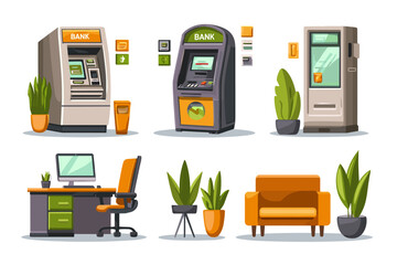 Vector Illustration of Bank and Office Elements with ATMs and Furniture