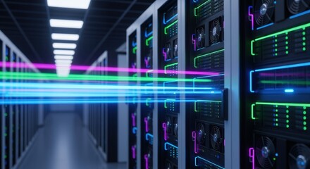 Fototapeta premium Data center aisle featuring sleek compact servers and vibrant airflow lighting effects.