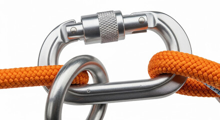 Two Silver Climbing Carabiners Connected by Orange Rope safety equipment