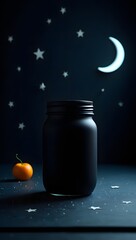Mystical Still Life - Black Jar, Clementine, and Crescent Moon Under Starry Sky