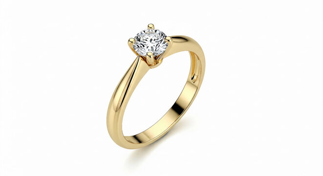 Gold solitaire diamond engagement ring on white background gold ring diamond ring - Powered by Adobe