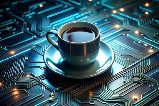 Photo of a single cup of hot coffee sits on a saucer against a backdrop of glowing blue technological circuits and digital lights