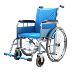 Fototapeta premium A blue wheelchair with silver metal frame large rear wheels and smaller front