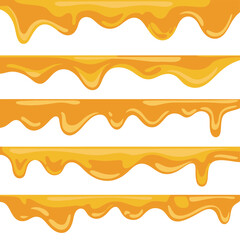 Golden honey drips and stains on white background