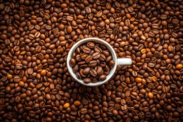 Fototapeta premium Photo of a white cup filled with coffee beans is placed centrally on a dark surface covered with a dense layer of roasted coffee beans