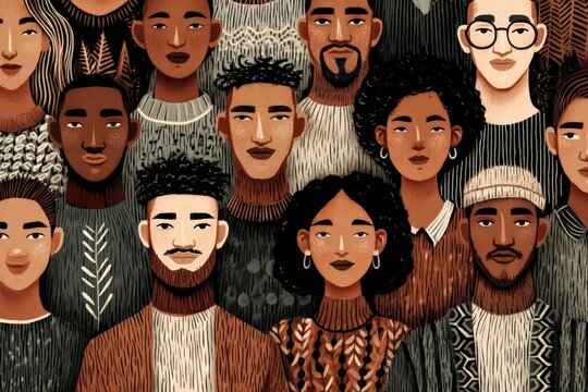 A diverse collective portrait showcasing unique expressions and hairstyles of several individuals reflecting modern multicultural identity in contemporary society captured with artistic flair