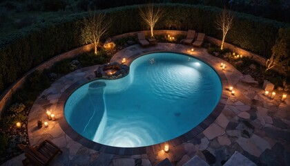 Serene heart-shaped pool glows under night sky illuminated by candles, soft lights. Luxurious private residence setting, ideal for romantic evenings, tranquil retreats, special life events, creating