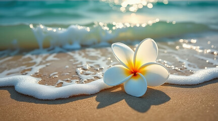 Fototapeta premium Tropical Plumeria Flower on Sandy Beach with Sparkling Ocean Waves in Sunlight