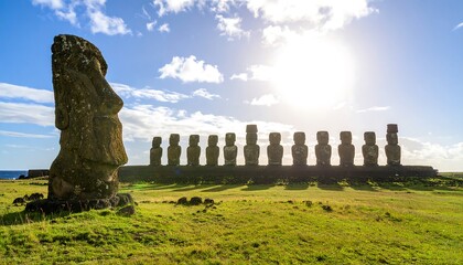 Ancient stone statues on a grassy plain under a bright sky