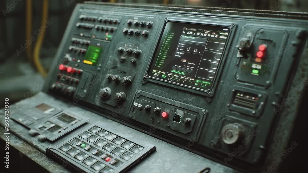 Poster futuristic control panel with buttons, knobs, and digital displays showing complex data on a monitor