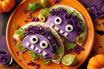 Purple Monster Tacos with Lettuce Hair and Cheese Teeth for Halloween Party