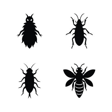 Insect silhouette set with bee barklouse bark beetle and bagworm vector illustration.