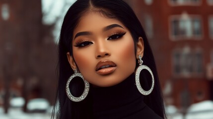 A woman with long black hair and brown eyes is wearing a pair of large earrings. The earrings are made of crystals and are hanging from her ears. The woman is standing in front of a building