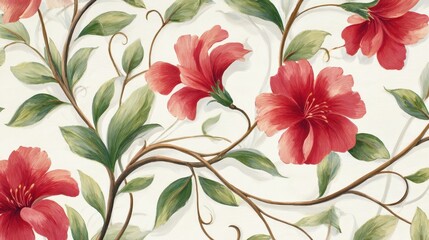 Vibrant floral design featuring red hibiscus flowers intertwined with green leaves on a soft background
