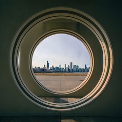 Circular View of Chicago Skyline Through Architectural Frame