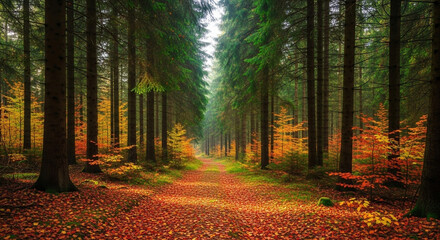Fototapeta premium Autumn Forest Trail with Colorful Leaves and Tall Trees a Peaceful Nature Walk Scene