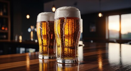 Two frosty beer glasses on a bar