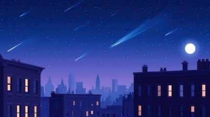 Fototapeta premium Nighttime cityscape with shooting stars and a bright moon illuminating rooftops