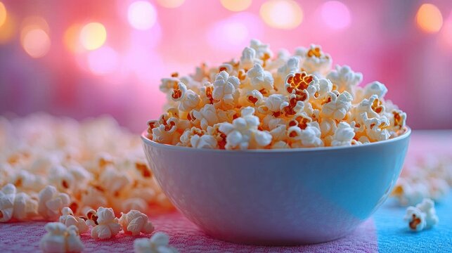 Bowl overflowing with freshly popped popcorn on colorful tablecloth with festive bokeh background