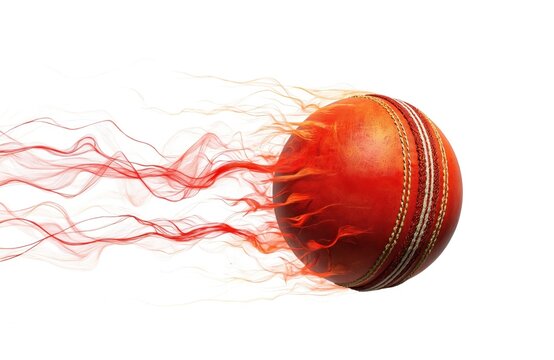 3D render of red cricket ball with visible seam, spinning rapidly through wisps of red smoke flame against white background. Emphasizes speed, performance, pro sport. Ideal for sports marketing,