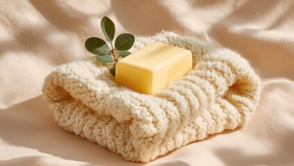 Soft, pale yellow bar of soap resting on a cream-colored knitted cloth