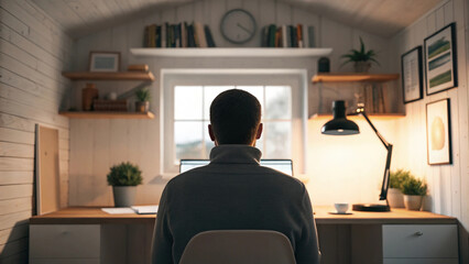 Fototapeta premium Focused Individual Working at Desk in Bright Home Office with Natural Light