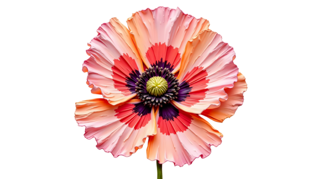Pink poppy with red and yellow shades on stem — watercolor impasto flower for prints and packaging