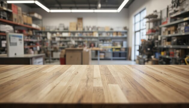 Wooden counter foreground with blurred auto parts shop interior background. Shelving units with automotive components, tools, boxes create industrial warehouse atmosphere. Offers clean space for