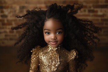 A young girl with long, curly hair is wearing a gold dress and smiling. The image has a warm and joyful mood, as the girl appears to be happy and confident in her appearance