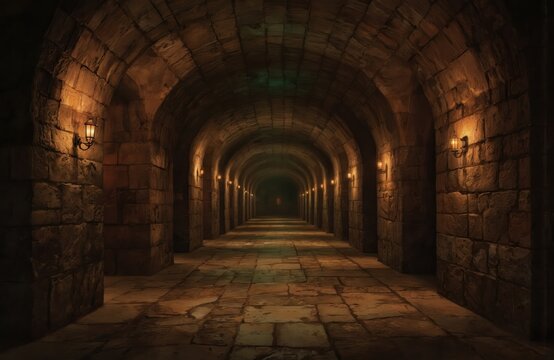 Stone dungeon corridor, medieval fortress interior. Arched ceiling, stone floor, wall lanterns provide dim light. Ancient architecture suggests past battles, evoking mystery, adventure for games - Powered by Adobe