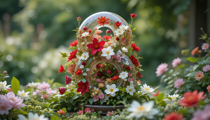 Floral arrangement with red and pink flowers in a decorative vase in a garden setting