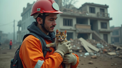 Obraz premium Rescue worker in protective gear holding scared kitten amid rubble. Concept of disaster response, animal rescue, compassion and emergency aid