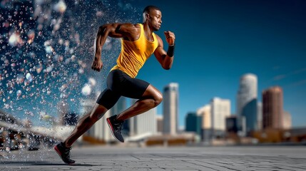 Athletic male sprinting across urban street, water droplets exploding around muscular body, representing intense fitness training and urban athletic performance