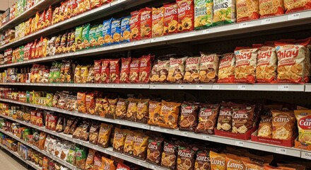 Obraz premium Grocery store shelves display rows of potato chips offering diverse snacking options for consumers