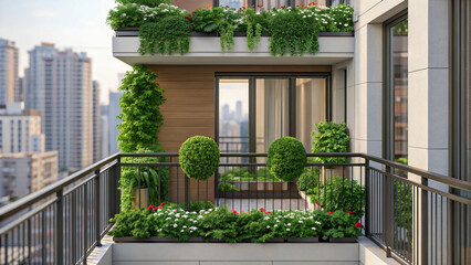Fototapeta premium Balcony Oasis A Verdant Retreat with Potted Plants and Flowers Overlooking the City
