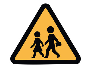 Warning road sign with children crossing symbol in yellow triangle isolated on white background, graphic illustration. Concept of school zone, pedestrian crossing, kids safety alert