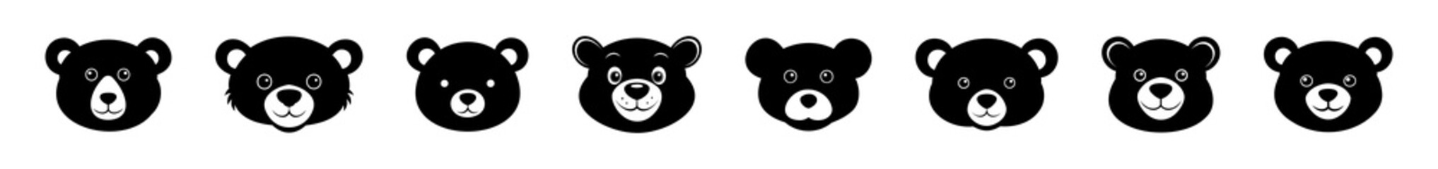 Set of Black silhouettes of toy bear faces isolated on a white background. Cute plush bear heads. Concept of kids toys, childhood, fun, game, playtime, minimalist design. Print, icon, design elements