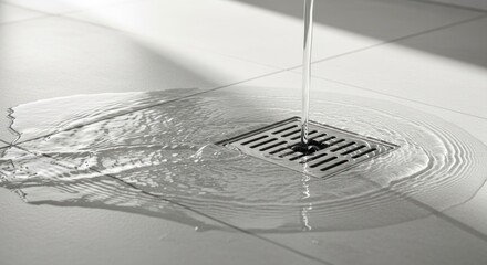 Water flowing into drain on tile floor