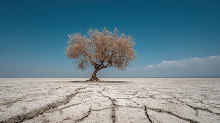 A solitary tree with sparse leaves rises from the parched, cracked ground under a clear blue sky. The atmosphere conveys a sense of desolation and endurance in an arid environment.