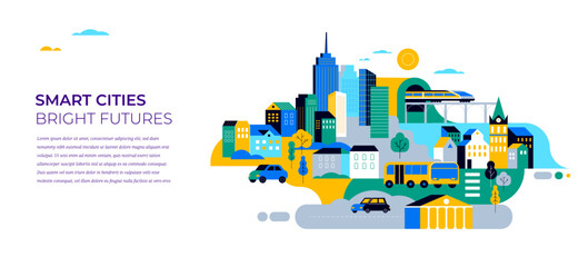 Smart City Concept Illustration. Modern Cityscape with People, Transportation, and Skyscrapers.