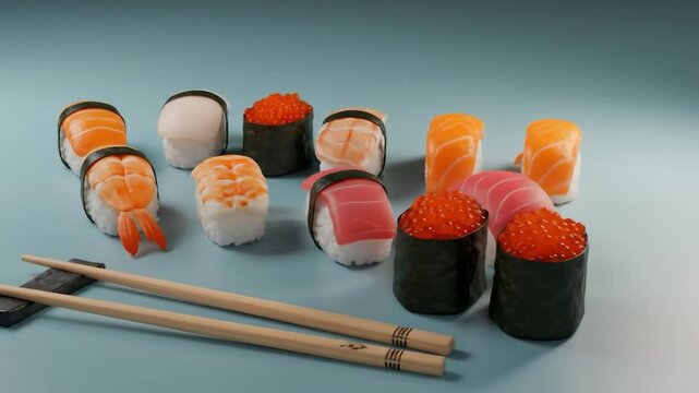 Assorted sushi, chopsticks, blue background, food photography, menu - Powered by Adobe