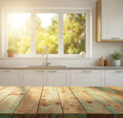 Fototapeta premium Empty wooden table in foreground. Blurred bright kitchen interior with window, sunshine, bokeh light, sink, cabinets. Rustic, clean, modern design for cooking, food display.