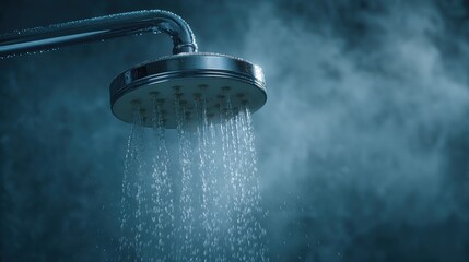 Water pours from a modern shower head, creating a misty atmosphere in a bathroom. The cascading droplets blend with vapor for a refreshing and soothing experience.