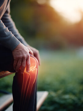 Lifestyle image of close-up view of a painful pain Knee Osteoarthritis severe Articular cartilage discomfort augmented overlay on the knee with glowing red pain semi-transparent bone and joints
