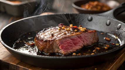 Juicy pan seared steak with herbs and spices in a cast iron skillet