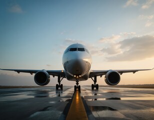 Obraz premium Commercial airliner on wet runway, blue sky with clouds. Airplane ready for takeoff. Aircraft engine, fuselage, wings visible. Transportation, logistics, aviation industry.